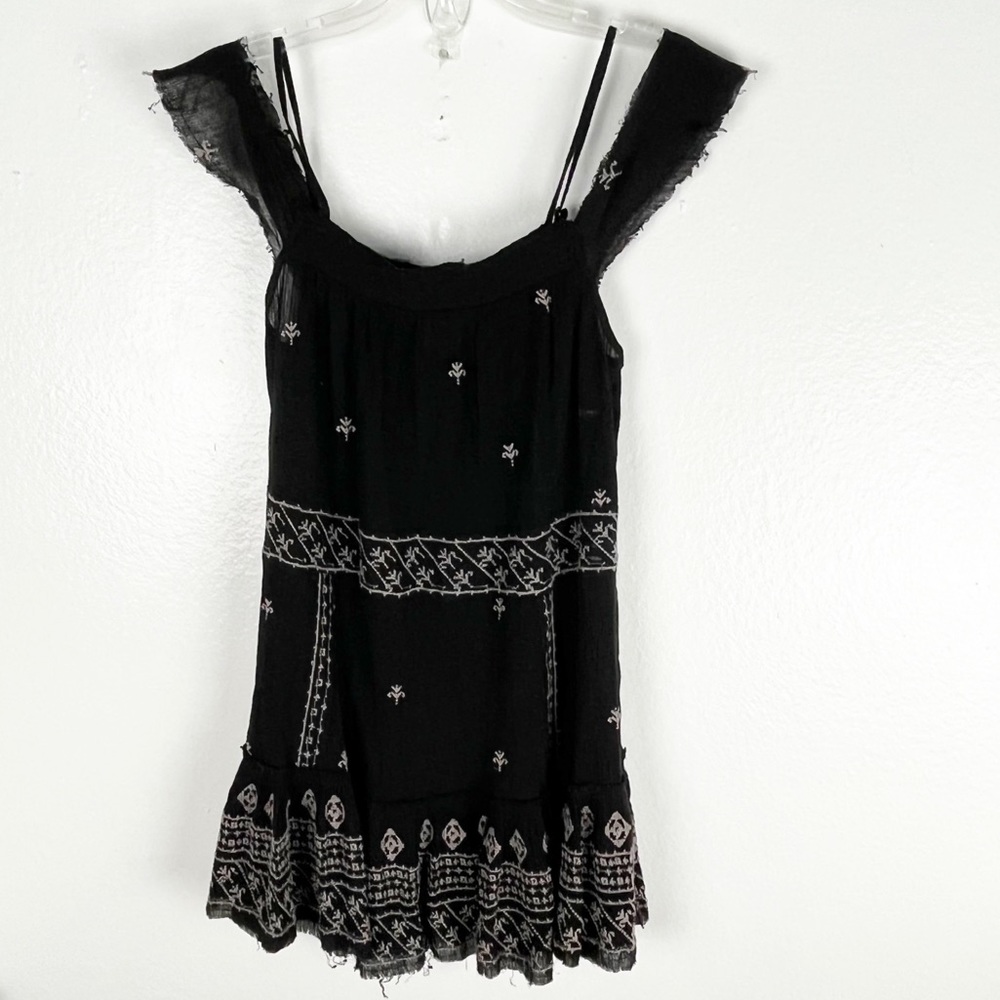 INTIMATELY FREE PEOPLE Black Embroidered On/Off Shoulder Frayed Hem Dress XS